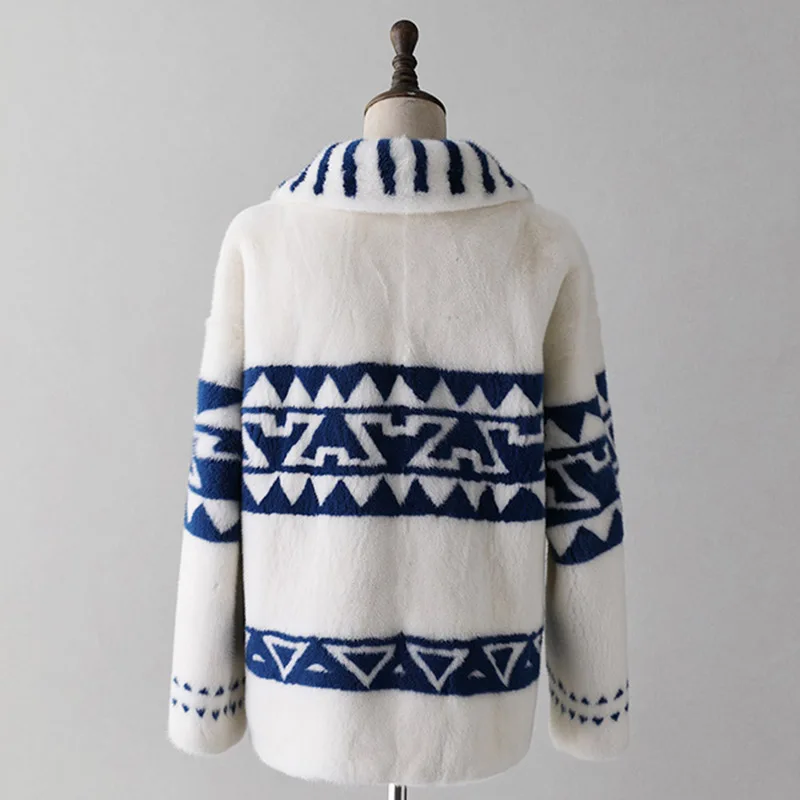  LVCHI Winter 2019 3D Print Mink Fur Coats Women's Turn-Down Collar Long Sleeve Patchwork Long Loss 