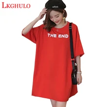 Lkghulo M XL плюс Размеры женская одежда модные женские футболки с круглым вырезом и принтом короткий рукав Длинные повседневные футболки топы Femme W24