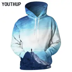 Youthup 2018 Для мужчин Толстовки с капюшоном с карманом 3D принт небо горы пуловер Кофты Повседневное костюмы плюс Размеры хип-хоп Топы