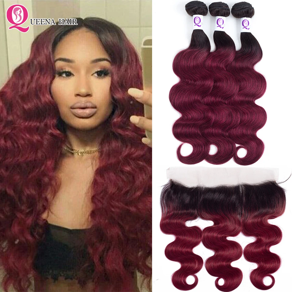 ombre-burgundy-bundles-with-frontal-closure-peruvian-human-hair-bundles-with-frontal-closure-remy-body-wave-bundles-with-frontal