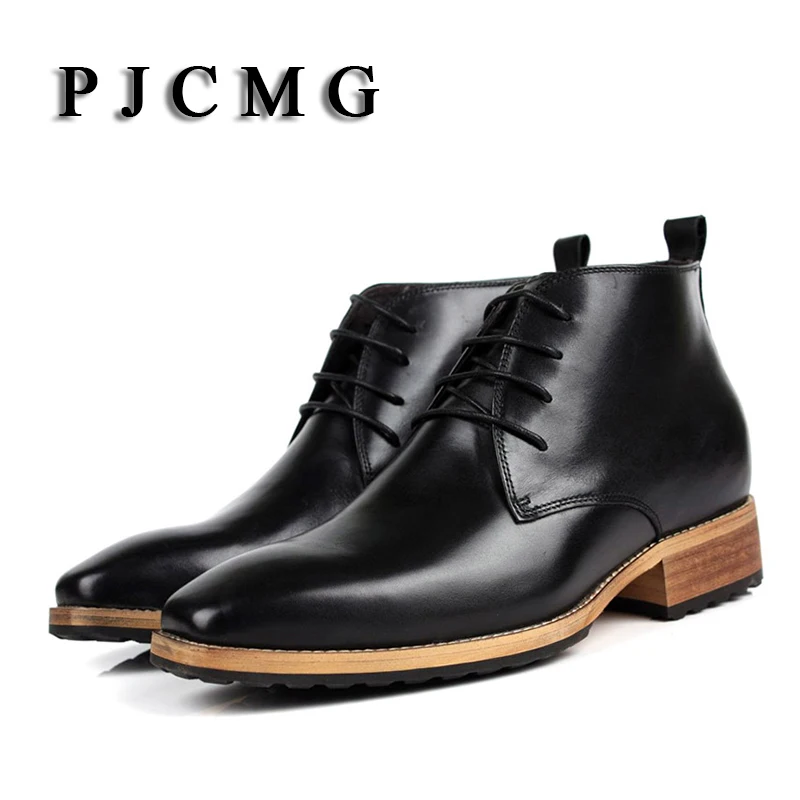 Men's High Genuine Leather Elevator 8 CM Brogue Wedding Office Ankle Boots Lace-Up Male Footwear safety shoes men shoes