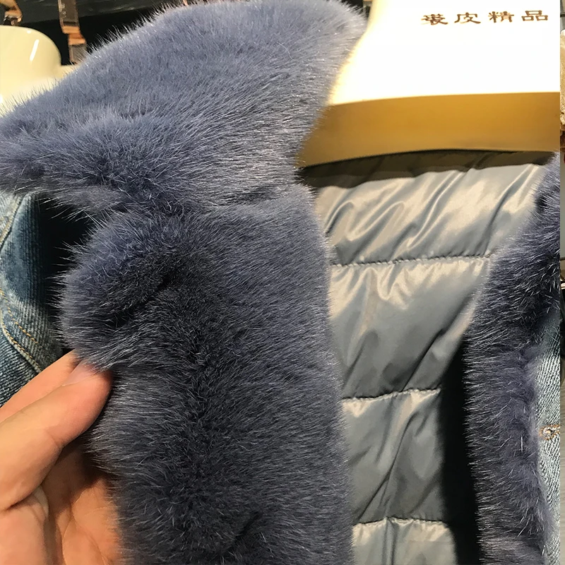 Женский пуховик из джинсовой ткани теплая ветрозащитная куртка норкового меха с