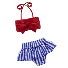 Купальный костюм для девочек из смеси полиэстера и Двойка купальный костюм бикини пляжные летние полосатые купальники с принтом комплект L0517