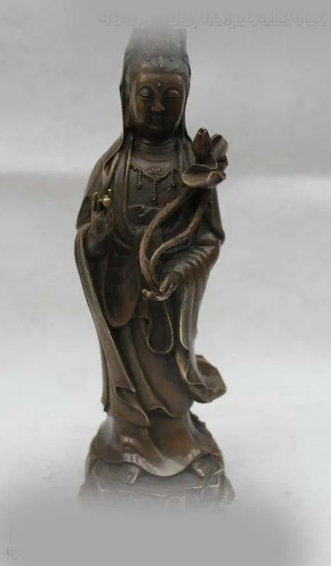 

11"Chinese Buddhism Bronze Stand Kwan-yin Guan Yin Goddess lotus leaf Statue