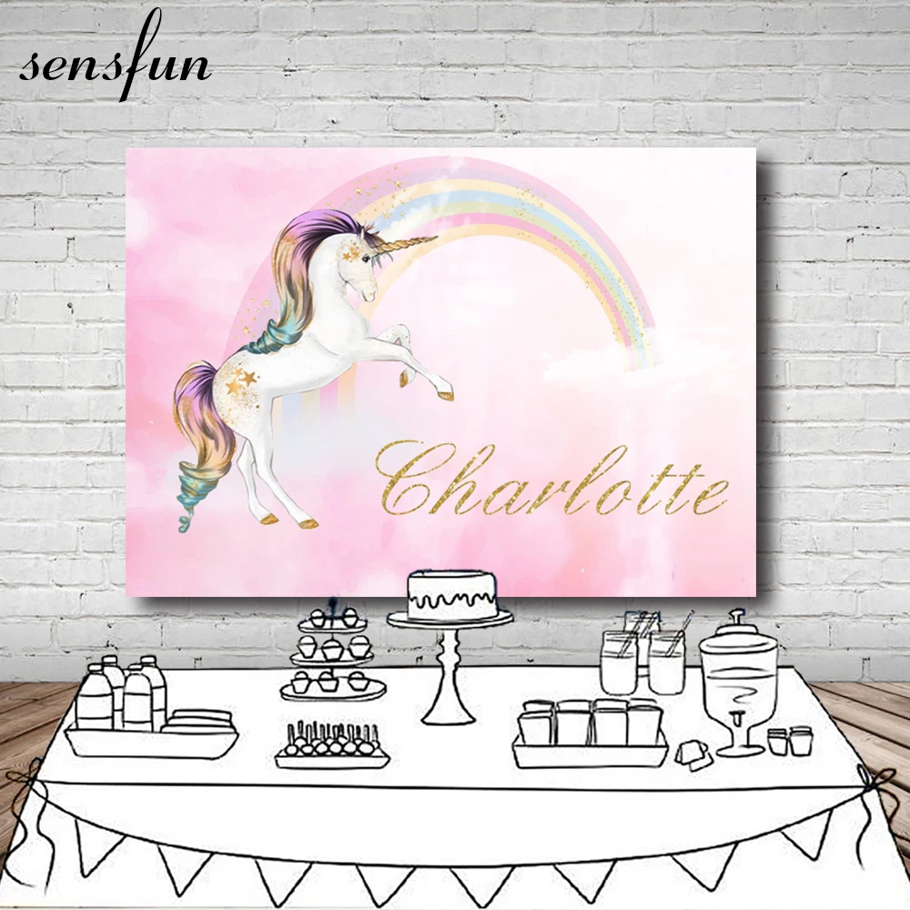 

Unicorn Party Photography Backdrop Pink Theme Birthday Newborn Baby Shower Dessert Table Banner Backgrounds Custom Name Date
