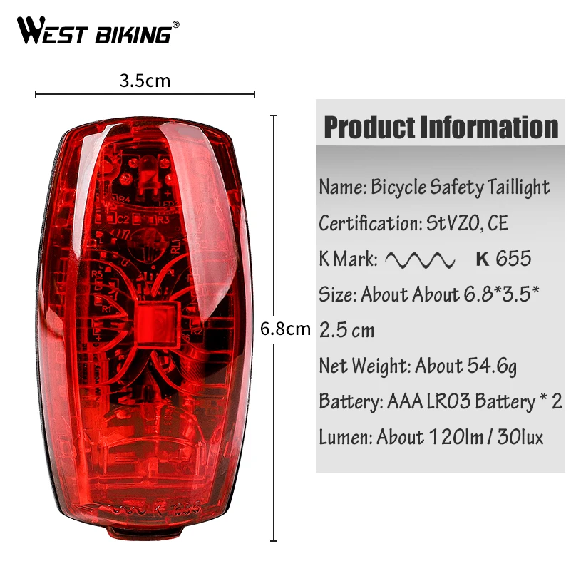 Top WEST BIKING 120lm Bicycle Safety Light STVZO Approved Bike Seatpost Light Back Lamp Battery Cycling Night Warning Taillight 5