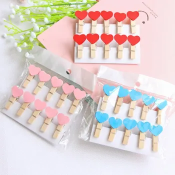 

10 pcs/bag Mini Color heart shape Wooden Clip DIY Photo Paper Clips with Hemp Rope Photo Hanging Spring message memo clip