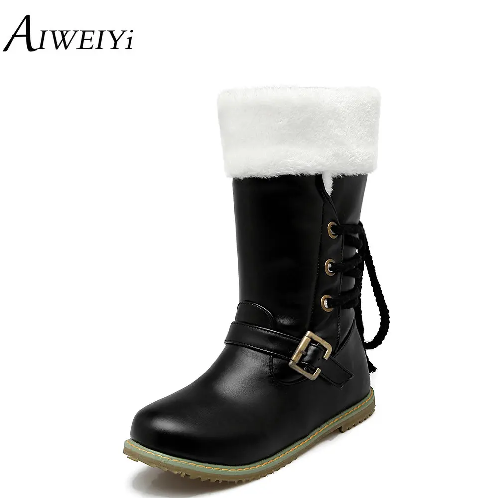 

AIWEIYi Women's Winter Snow Boots Platform Boots Black White Cotton Down Shoes Woman Mid Calf Boots Black Botas