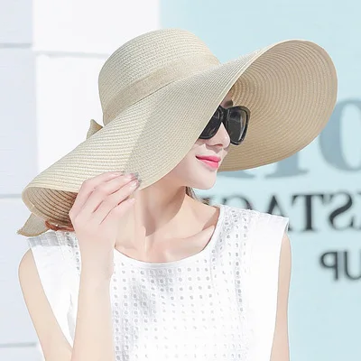 Простая элегантная Стильная летняя большая соломенная шляпа с полями для взрослых женщин и девочек, модная Солнцезащитная шляпа с УФ-защитой, защищающая большой бант, летняя пляжная шляпа - Цвет: Beige