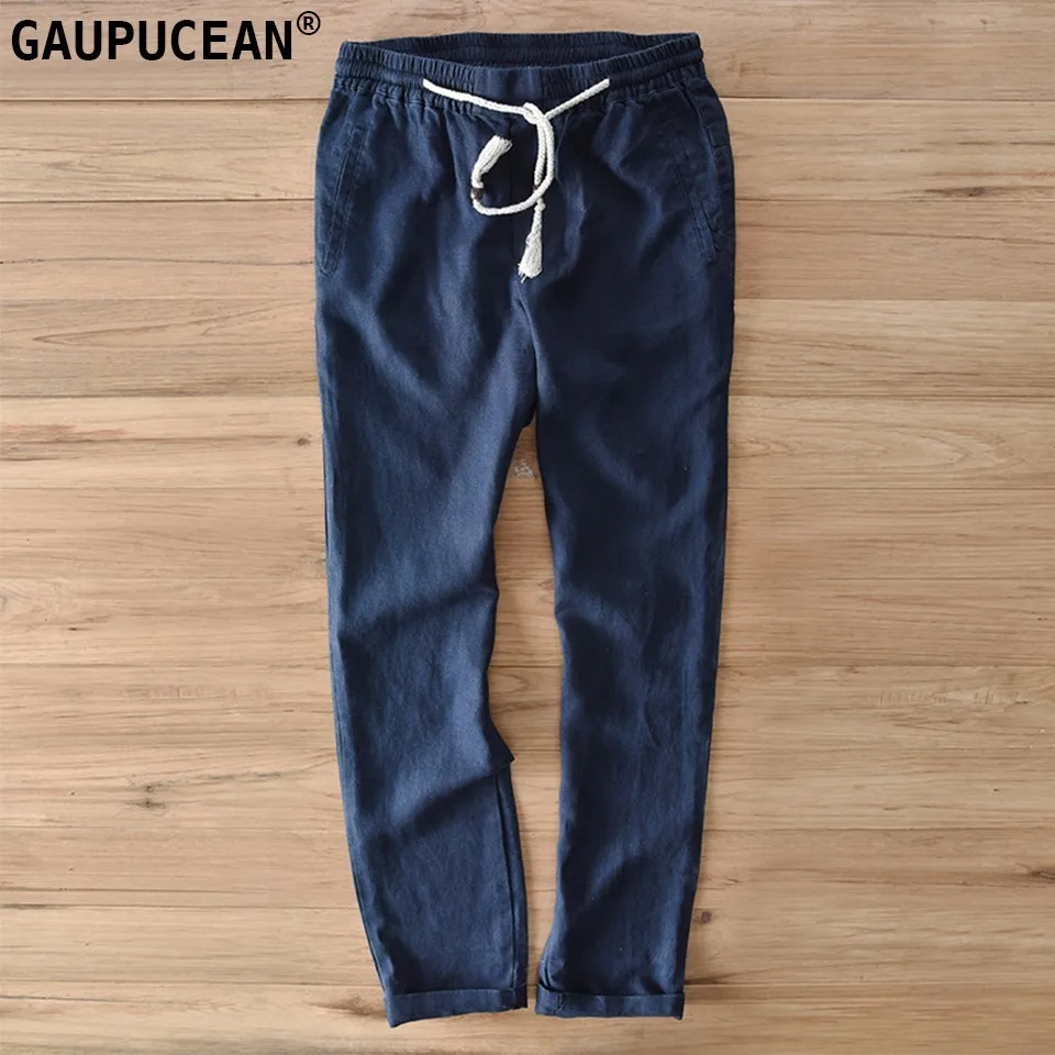 

Men Casual Pants Ture 100% Linen Breathable Anti-static Navy Blue White Khaki Flax Cool Spring Summer Full Length Man Trousers