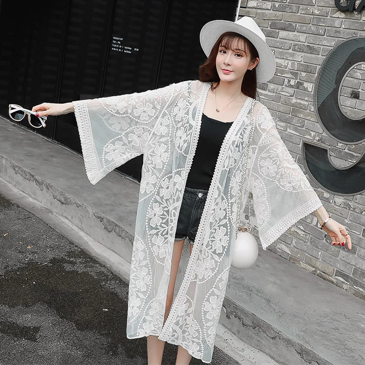 

Summer Beach Cover-up 2017 Women Boho Kimono Cardigan Lace Crochet Loose Outwear Vintage Thin Blouse Tops F394