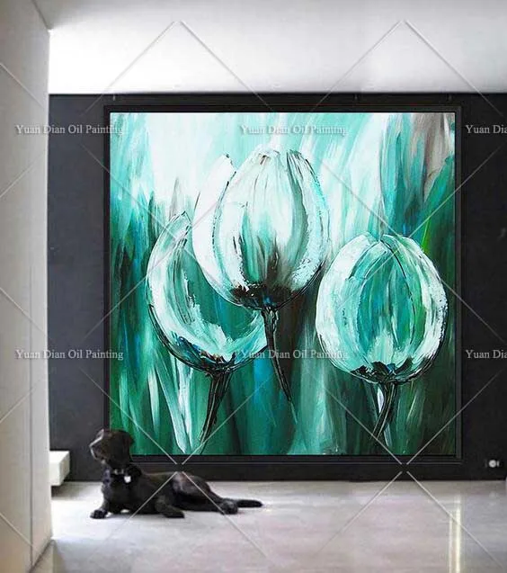 

High Skills Artist 100%Handpainted Abstract Green Tulips Flower Oil Painting On Canvas Handmade Painting For Office Decoration
