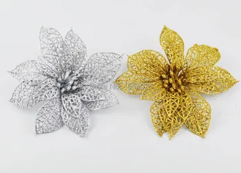 

15cm 6'' silver/golden glitter chirstmas flowers xmas poinsettia for decoration 20pcs/lot