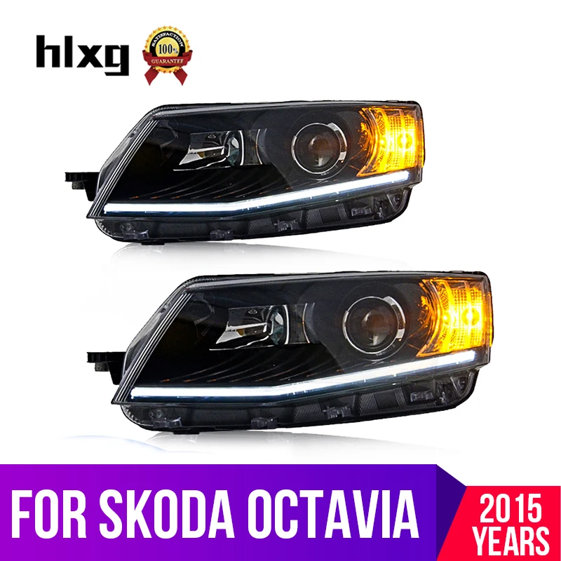 hlxg 2 pcs Headlight assembly for Skoda Octavia year 2015 Angel Eye LED