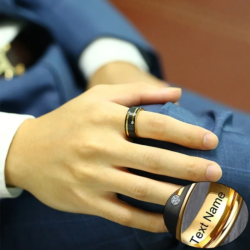 

Mens Free Custom Engrave Tungsten Carbide Wedding Rings Black and Gold Tone Anel Alliance with CZ Stone Male Jewelry