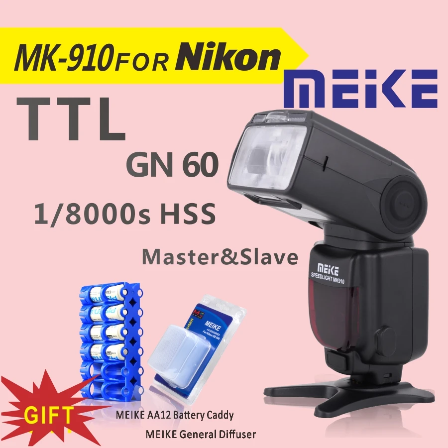 

Meike MK910 i-TTL Flash Speedlite 1/8000s HSS High-Speed sync for Nikon D750 D3000 D5200 D7000 D7100+GIFT/Diffuser+Battery Caddy