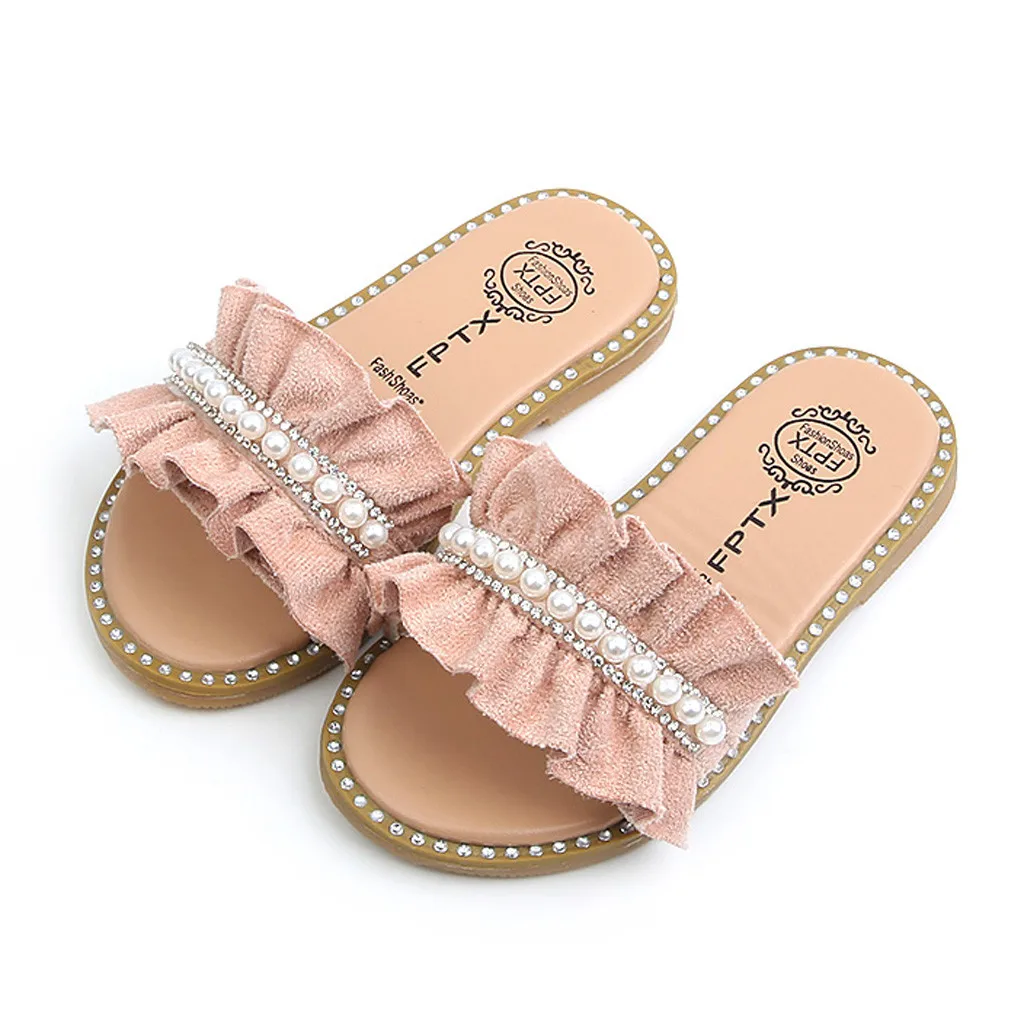 Для маленьких детей для маленьких девочек жемчуг Кристалл оборками обувь для принцессы сандалии шлёпанцы женщин Sandale Fille детская летняя
