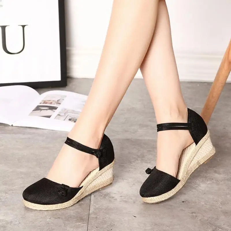 

Vintage Embroidered Women Sandals Casual Linen Canvas Wedge Sandals Summer Ankle Strap Med Heel Platform Pump Shoes #0910