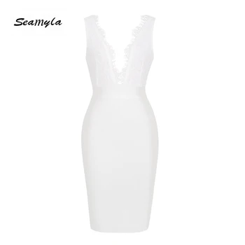 

Seamyla Elegant White Lace Dress Summer Women Bodycon Bandage Dresses Sleeveless Deep V Clubwear Evening Party Dress Vestidos