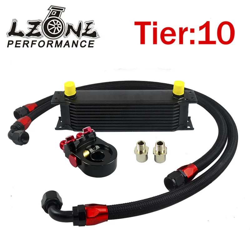 

LZONE - Universal 10 ROWS OIL COOLER ENGINE + AN10 oil filter sandwich adapter with Thermostat + 2PCS NYLON BRAIDED HOSE LINE