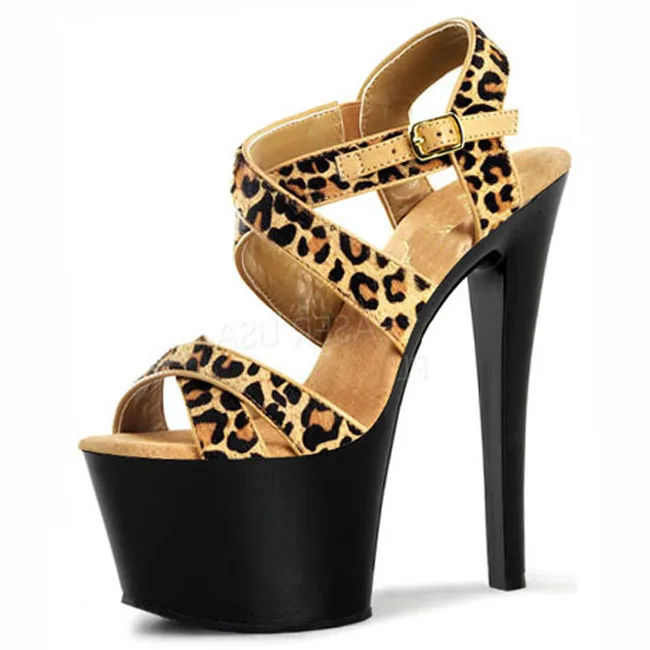 Leopard print material sexy high-heeled sandals and 17-18 cm high heels, pole show using dance shoes
