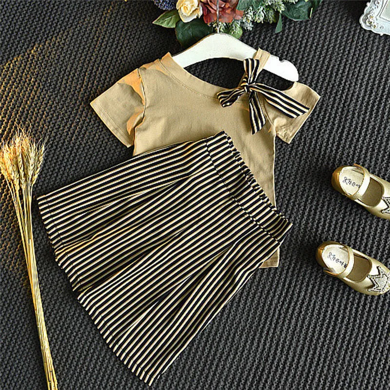 Toddler Kids Baby Girl Bowknot T shirt Tops Striped Loose Pants Clothes Set (8)