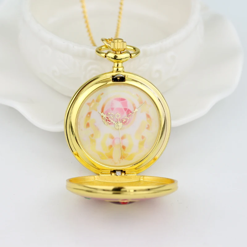 Горячая аниме Сейлор Мун карманные часы модные золотые металлические цепи кристалл кулон ожерелье кварцевые карманные часы