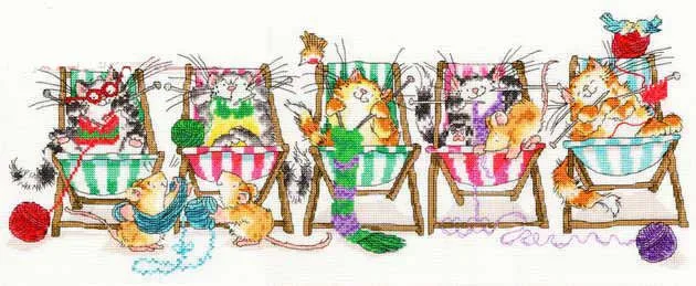 CS-1392 cross stitch kit bothy threads exotic cats kitties, a row of cats knitting sweater.jpg