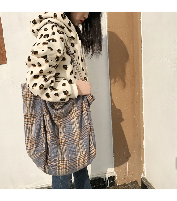 Women Woolen Canvas Bags Scottish Pattern Vintage Plaid Female Large Capacity Big Tote Handbag Ladies Casual Shoulder Bag