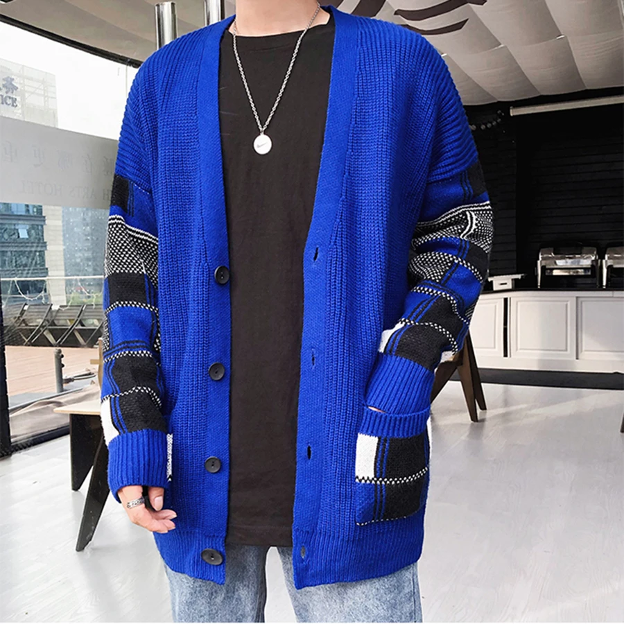 Check Button Cardigan Male Oversize Loose Streetwear Sweater Men Harajuku Cashmere Coat Modis High Street v Neck Pull Homme