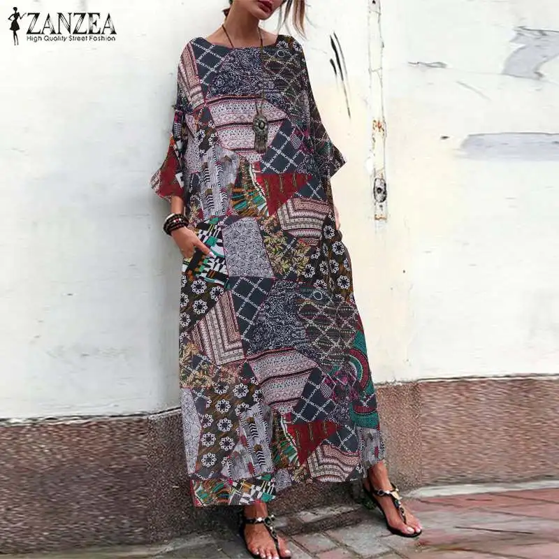 

ZANZEA Summer Women Floral Print Dress Bohemian Sundress Femme Long Sleeve Party Vestido Casual Loose Maxi Dress Plus Size Robe