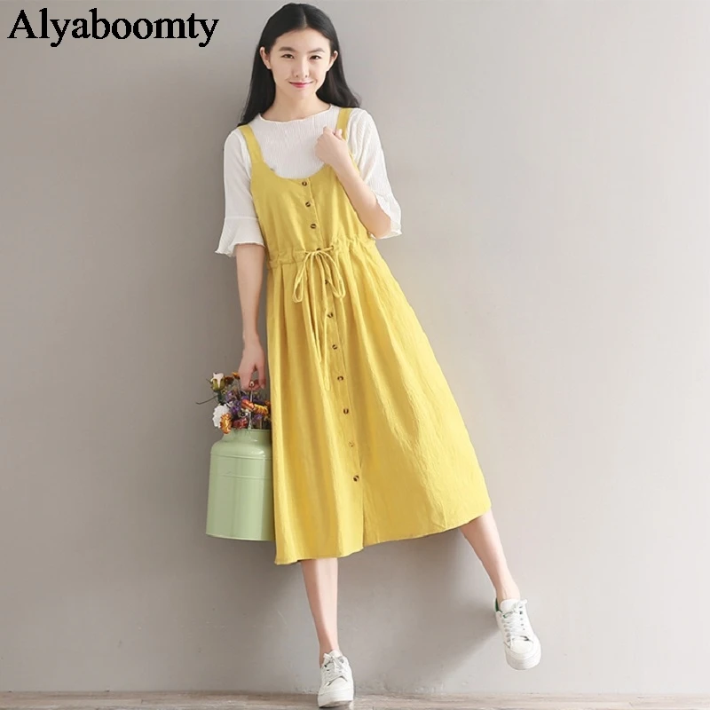 

Japanese Mori Girl Summer Women Long Sundress Suspenders Yellow Elegant Shirt Dress Sleeveless Cotton Linen Korean Sweet Dresses
