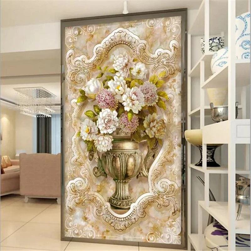 

beibehang papel de parede Custom mural 3d photo wallpaper European pattern marble oil painting vase embossed entrance wallpaper