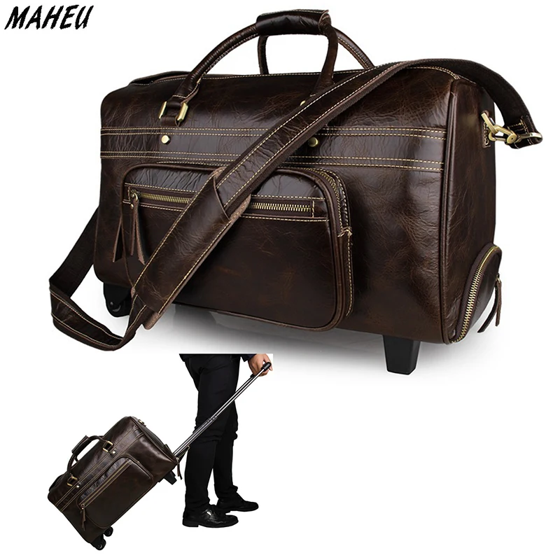 Vintage Genuine Leather Travel Rolling Bags on Wheels Men Women