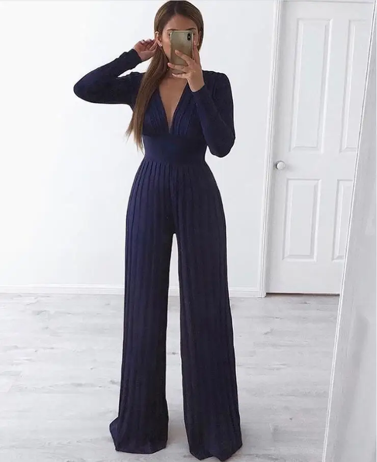High Quality Deep Blue Long Sleeve V-neck Rayon Bandage Jumpsuit Sexy Evening Party Jumpsuit (5)