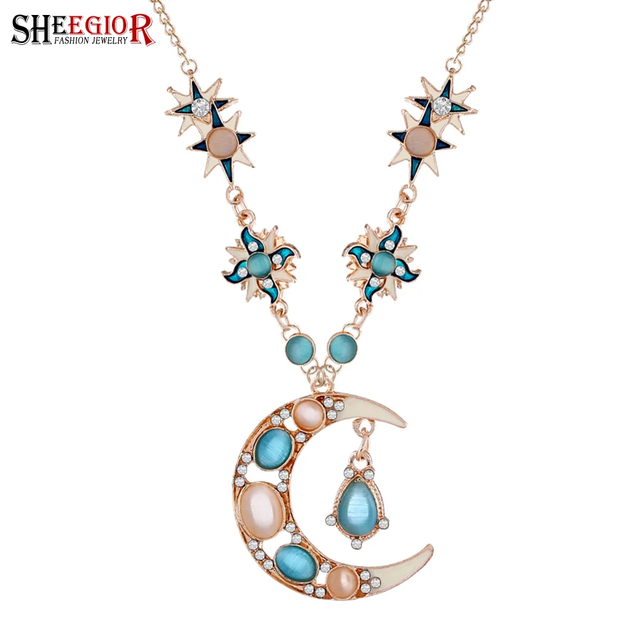 

SHEEGIOR Gold Chain Long Necklace Women Sweet Lovely Space Star Rhinestone Opal Sun Moon Pendants Necklaces Fashion Jewelry Gift