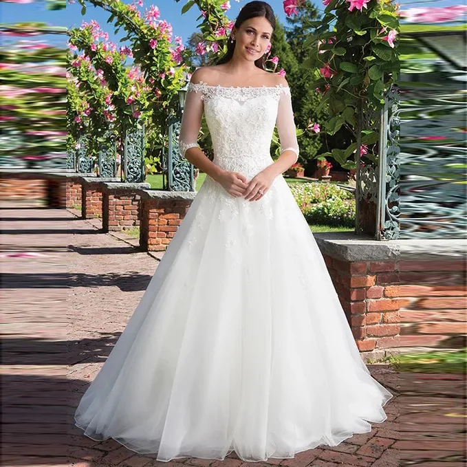 

Boho Princess Wedding Dress Off The Shoulder Boat Neck Half Sleeve Appliques Vestido De Noiva Train Bridal Gown
