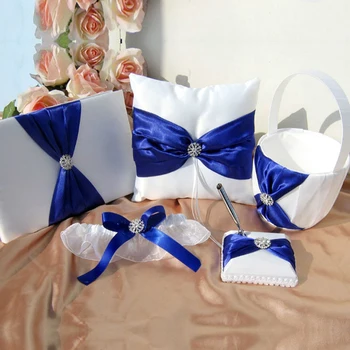

5Pcs/set Royalblue Satin rhinestone Wedding Decor Ring Pillow+Flower Basket+ Garter+Guest Book+Pen Set bride Products Supplies