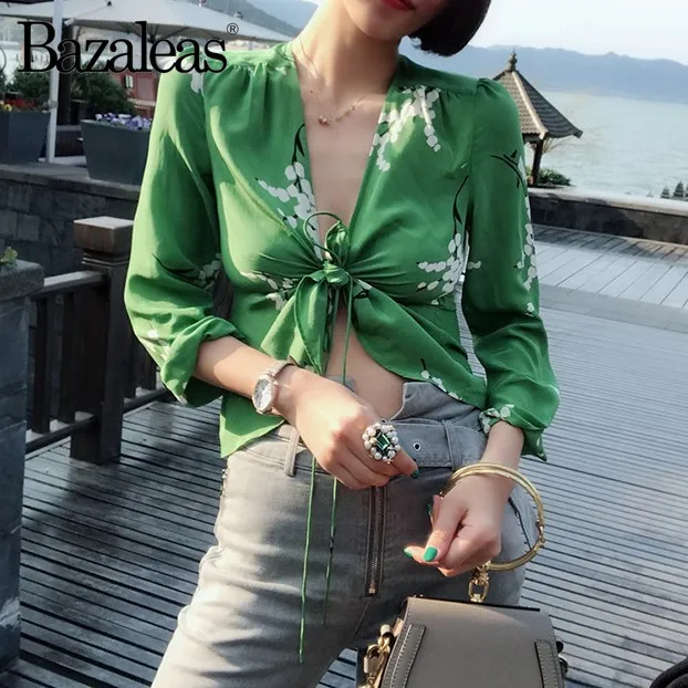 

Bazaleas 2018 Fashion Star Struck summer women bondage Blouse long sleeve cropped silk top v neck vintage chiffon Crop tops