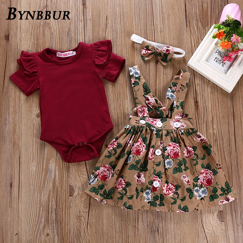 Bynbbur Solid Top And Floral Print Dress Sets 2 Pieces Suits Girl Kids Elastic Waist Cute Sets Cute Baby Girls 2019 Summer New