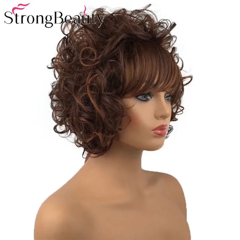 StrongBeauty короткий кудрявый парик синтетический парик для женщин красный коричневый парик с челкой 8 дюймов