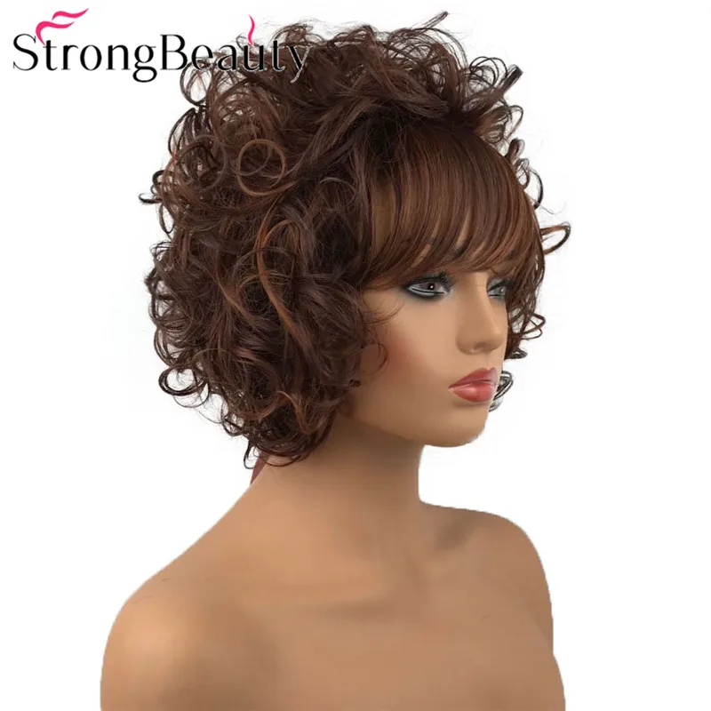 StrongBeauty 짧은 곱슬 가발 여성용 합성 가발 레드 브라운 가발 앞머리 포함 8인치