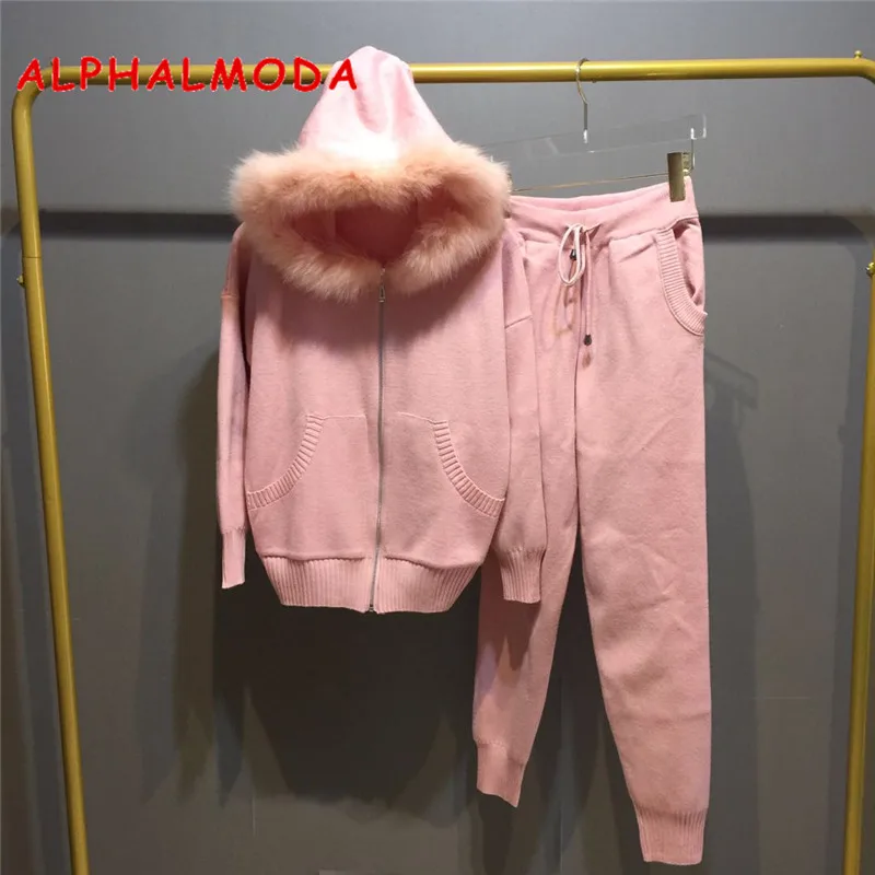 ALPHALMODA Зимние новые трикотажные костюмы куртка с капюшоном из натурального меха вязаные брюки женские модные широкие брюки Chandal Mujer спортивный костюм