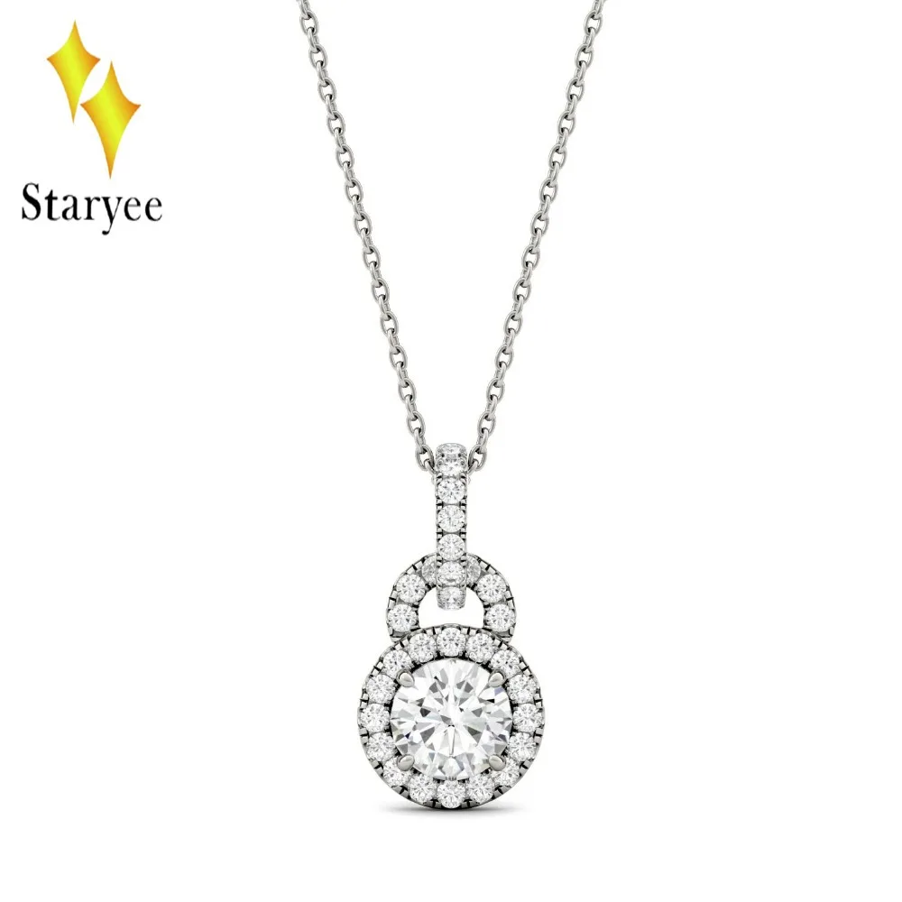 

Moissanite Engagement Weeding Brand Drop Halo Pendant Charms Necklaces Real 18K Solid White Gold Women Fine Jewelry