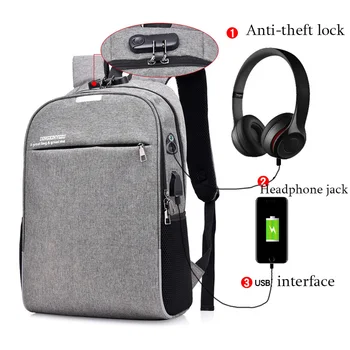 

Men Backpack Anti Theft Password Locks Man USB Charging Laptop Backpacks Whit Headphone Plug Casual Travel Bags mochila B201