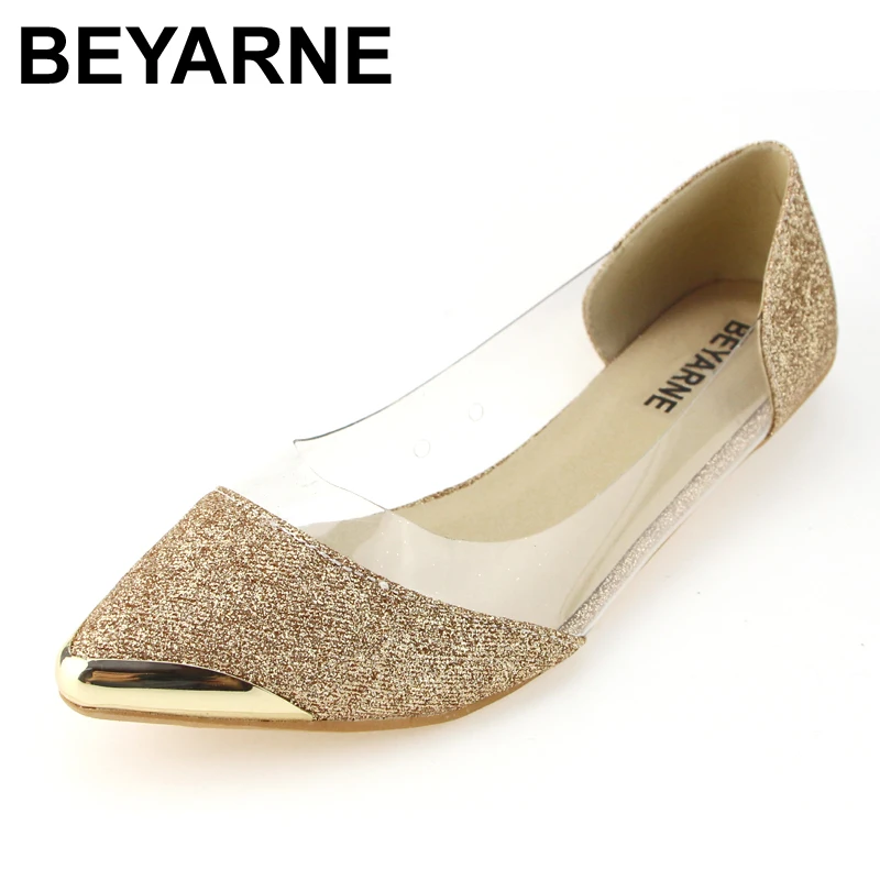 

BYEARE 2018 new autumn women's shoes flat paillette shallow mouth single shoes round toe female gold and silver free shipping