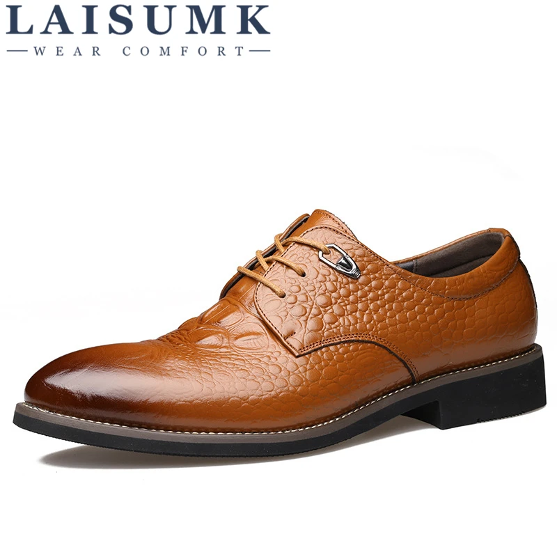

LAISUMK Men Dress Shoes Genuine Leather Men's Oxford Shoes Alligator Pattern Derby Shoes Lace-up Plus Size Party Business Flats