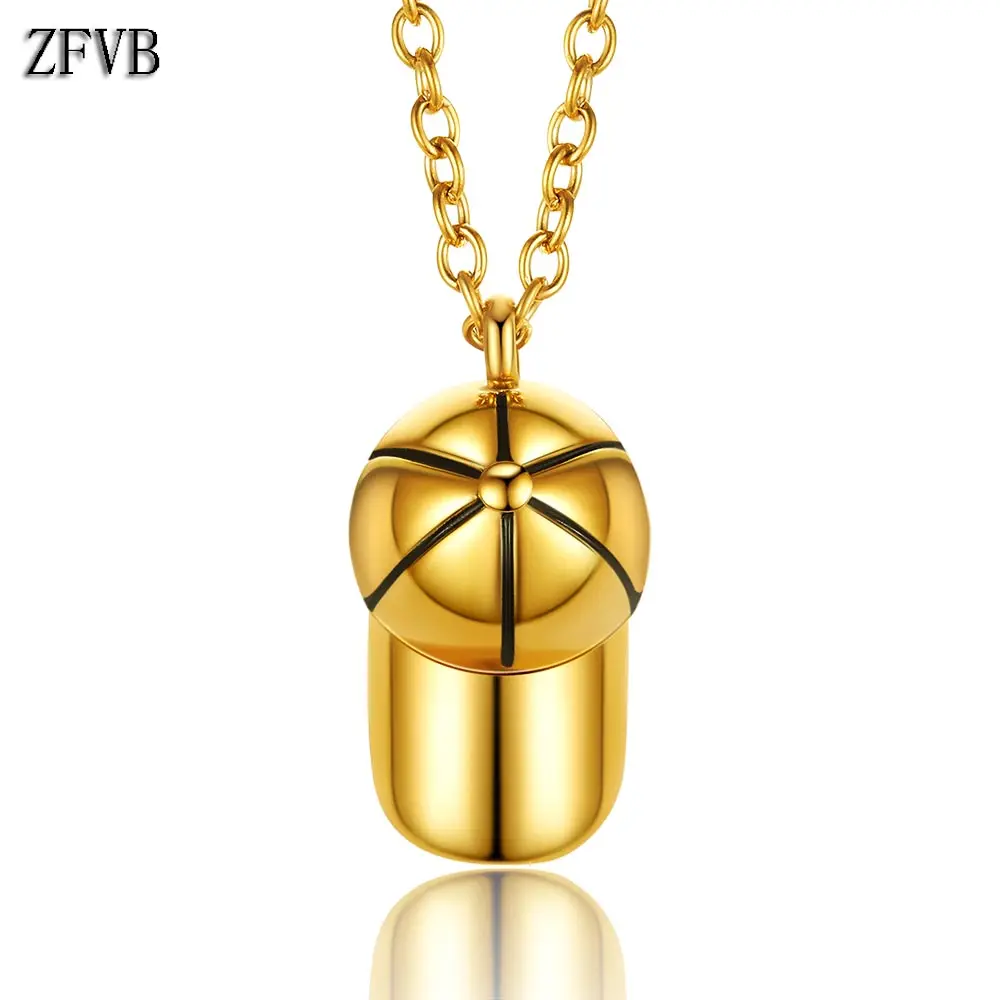 

ZFVB Casual Sporty Baseball Cap Necklace Men's Chain Stainless Steel Ashes Urn Hat Pendant Necklaces Memorial Jewelry For Male