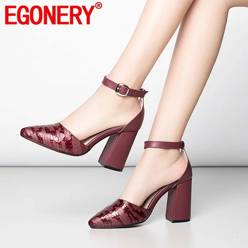 

EGONERY woman shoes 2019 spring new fashion sexy pointed toe high quality genuine leather woman pumps outside party ladies shoes