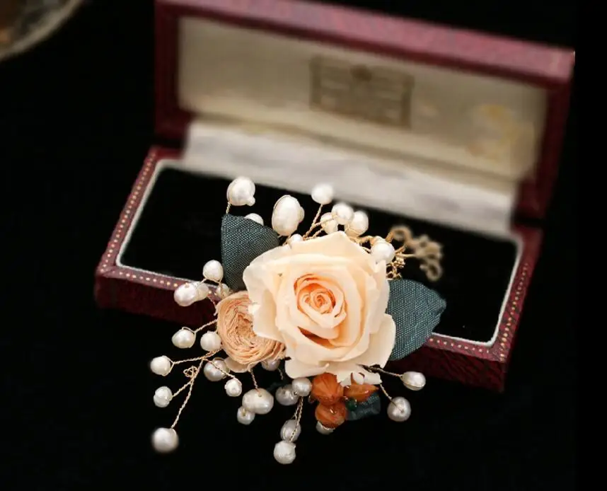 

CSxjd Fashion Charm Jewelry Champagne Rose Dried flowers pearl bouquet brooch Wedding bridesmaid groomsmen brooch pin
